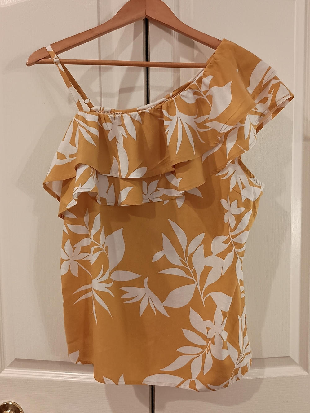 Women’s Mustard Yellow One-Shoulder Ruffle Floral Top